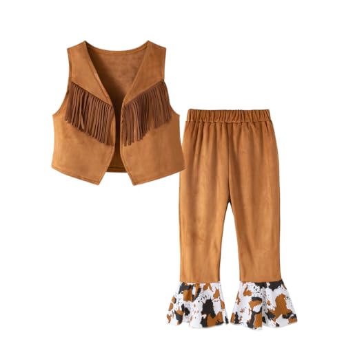 stylesilove Baby Toddler Girls Brown Fringe Vest, Pants, Bandana and Hat 4pcs Halloween Western Cowgirl Clothing Set
