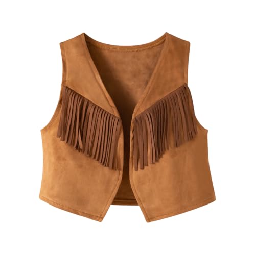 stylesilove Baby Toddler Girls Brown Fringe Vest, Pants, Bandana and Hat 4pcs Halloween Western Cowgirl Clothing Set