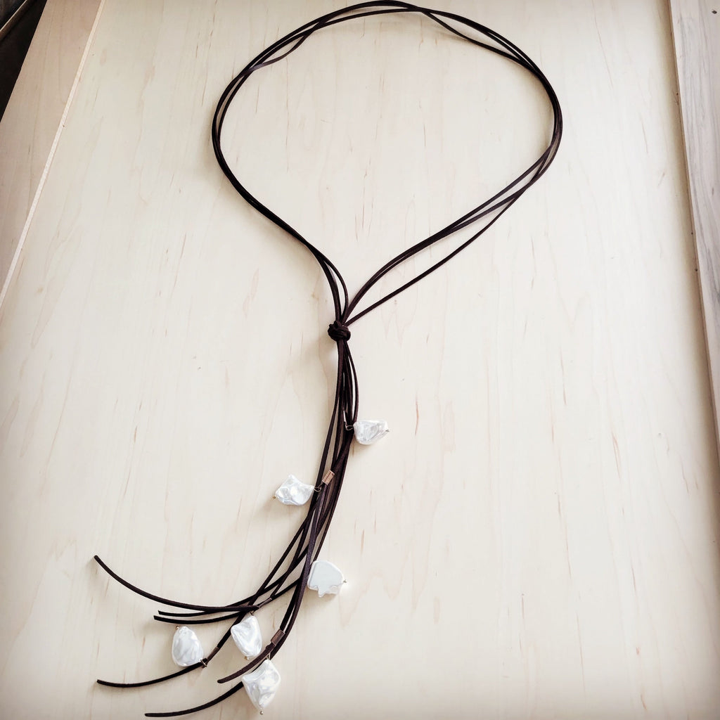 **Dark Brown Boho Knotted Leather Cord Necklace w/ Pearls 263w