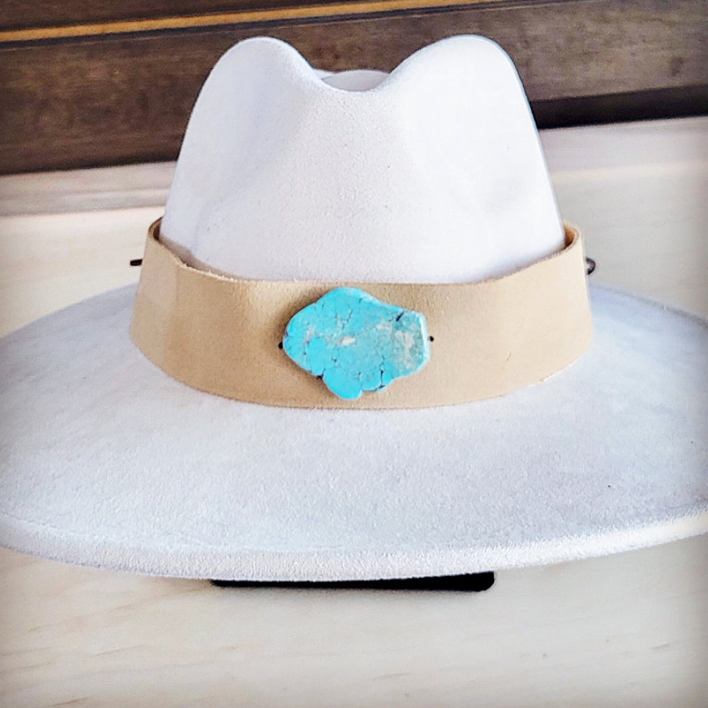 Wide Genuine Leather Bone Suede Hat Band Only w/ Turq 953v