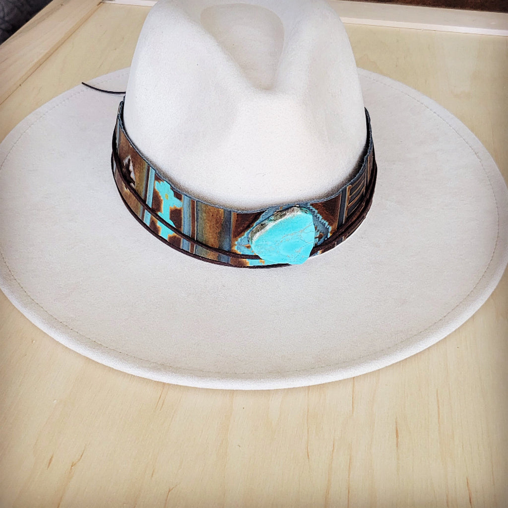**Wide Genuine Leather Blue Navajo Hat Band Only w/ Turq 953j