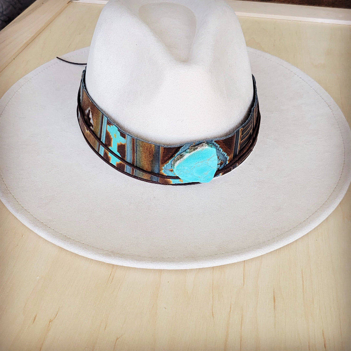 **Wide Genuine Leather Blue Navajo Hat Band Only w/ Turq 953j