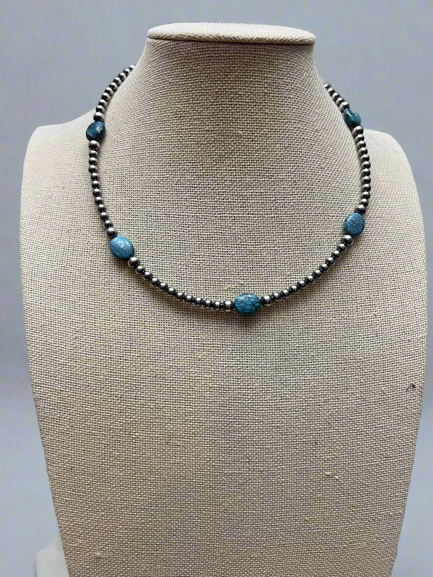 4mm & 5mm Sterling Pearl & Turquoise Choker — 15 inch (Handmade in Texas)