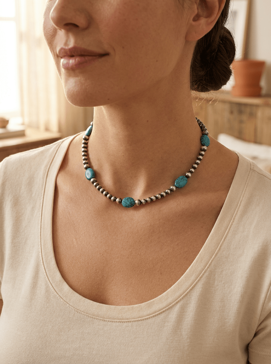 4mm & 5mm Sterling Pearl & Turquoise Choker — 15 inch (Handmade in Texas)