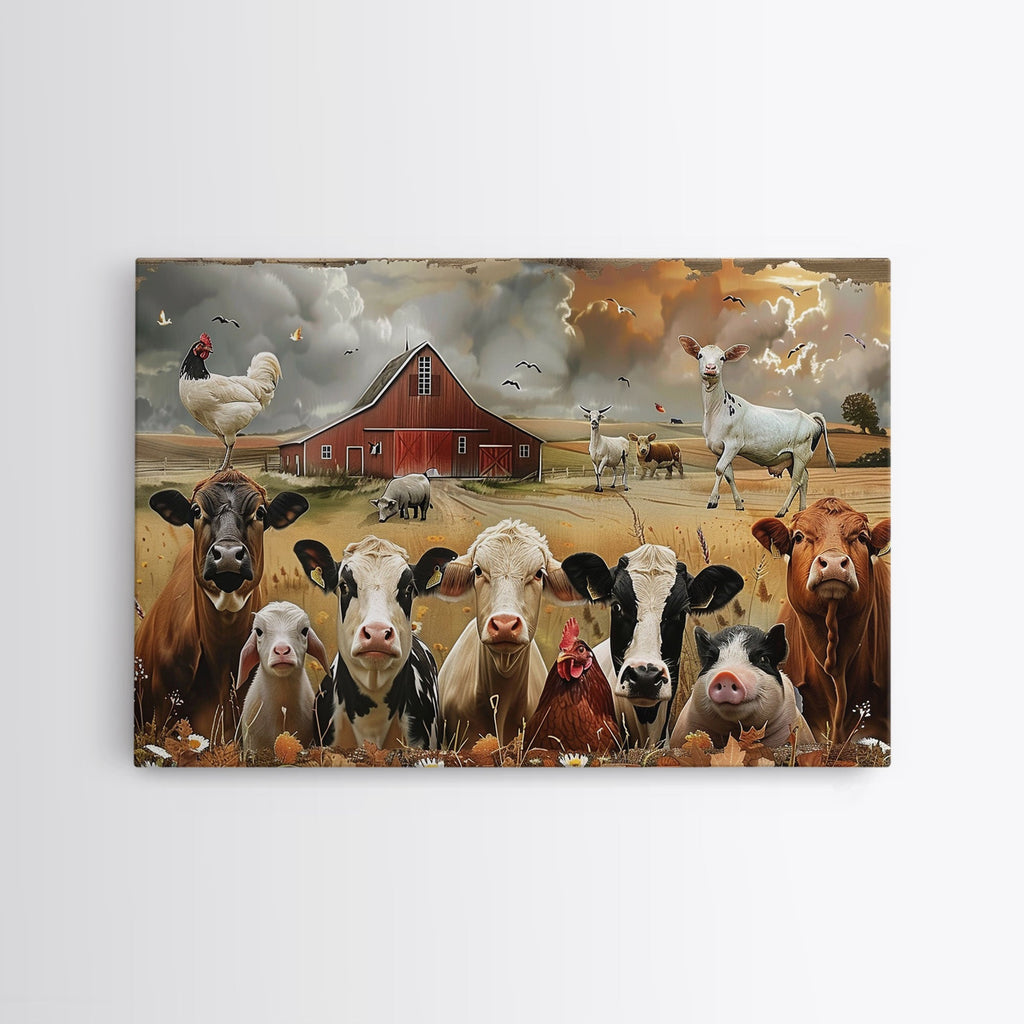 Kitsch Farmhouse Wall Art, Cute Farm Animals On A Fence, Cow Art, Pig Print, Red Barn Wall Art, Wood Framed Art