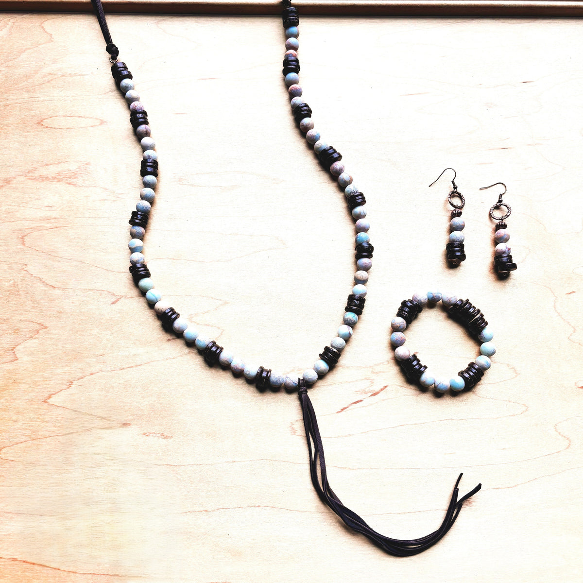 **Frosted Aqua Terra Necklace w/ Wood Beads & Leather Tassel 258a