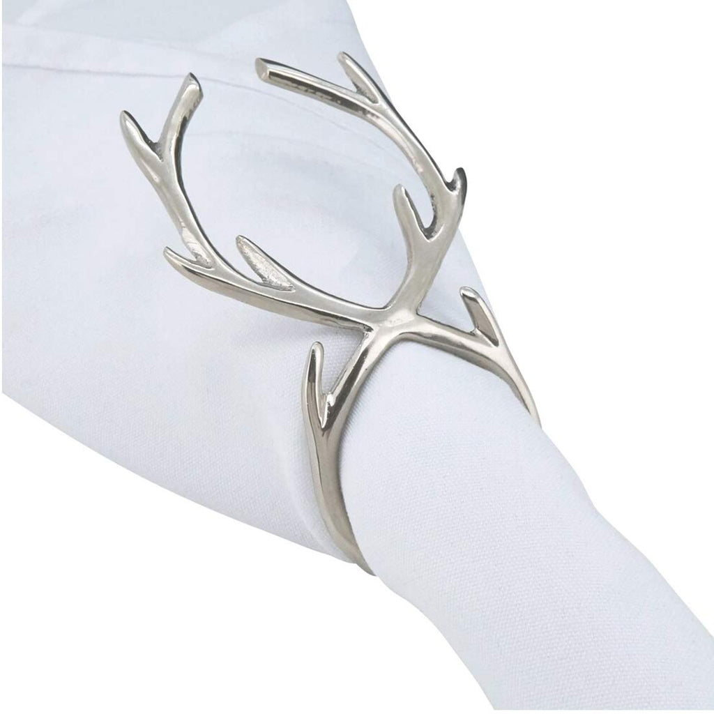 Fennco Styles Holiday Antler Metal Napkin Rings, Set of 4 - Silver Decorative Napkin Holders for Home, Dining Room, Banquet, Family Gathering, Holiday and Special Occasion