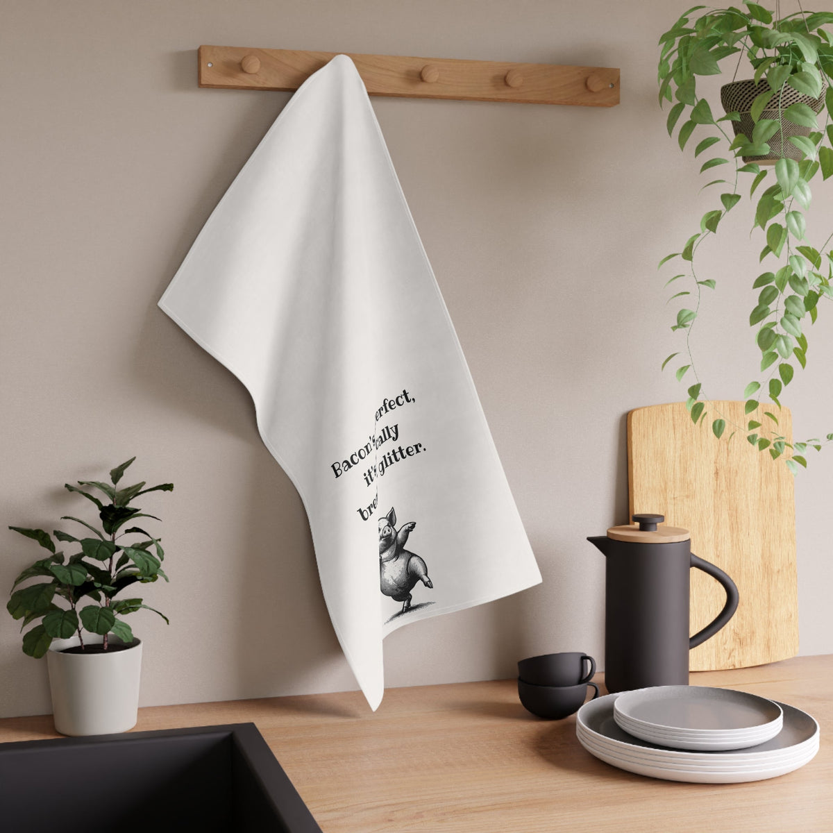 Bacon Perfection - Funny Tea Towel for meat lovers. "Bacon's so perfect, it's basically breakfast glitter" great gift for men, Father's Day, Frat house