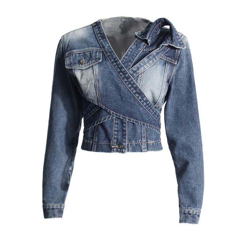 Women’s V-neck Cross Asymmetrical Lace-Up High-End Short Denim Jacket