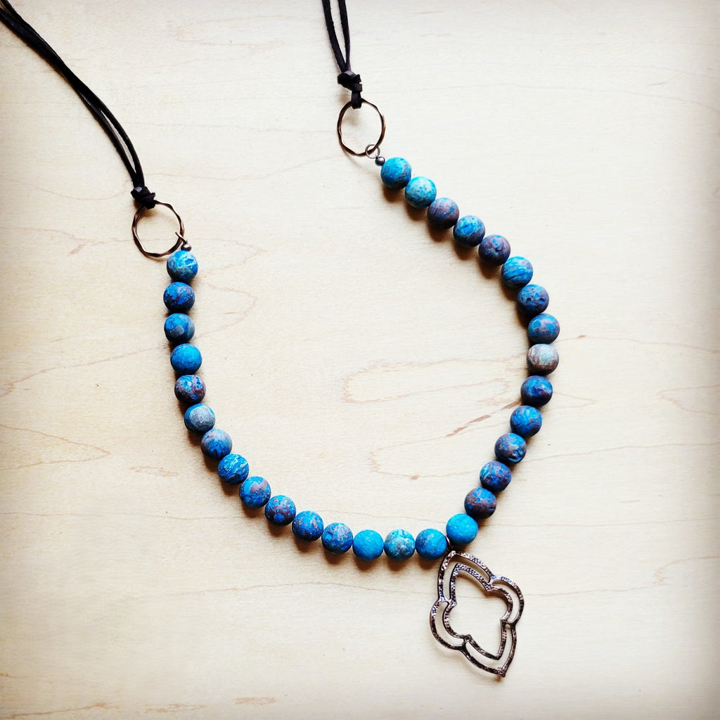 **Frosted Chrysocolla Beaded Necklace w/ Copper Pendant 258h