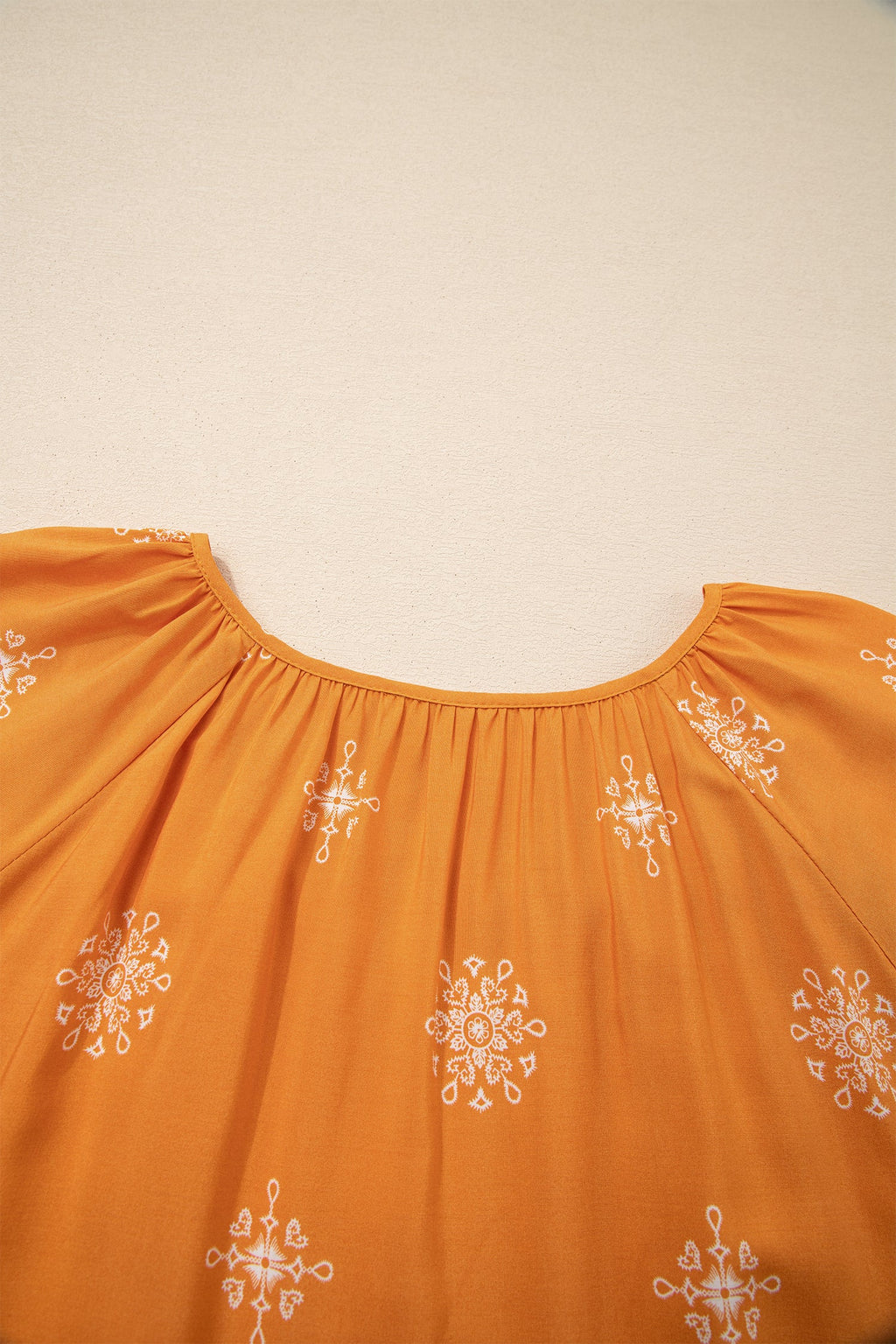 Yellow Boho Chic Notched V Neck Plus Floral Short Sleeve Top