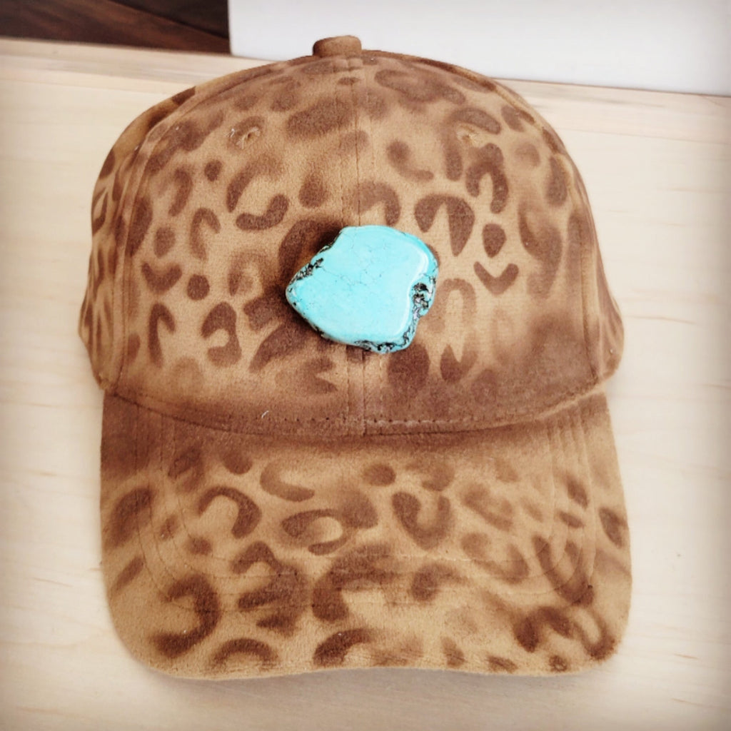 Hand-Painted Leopard Suede Baseball Cap Tan w/ Turq 986u