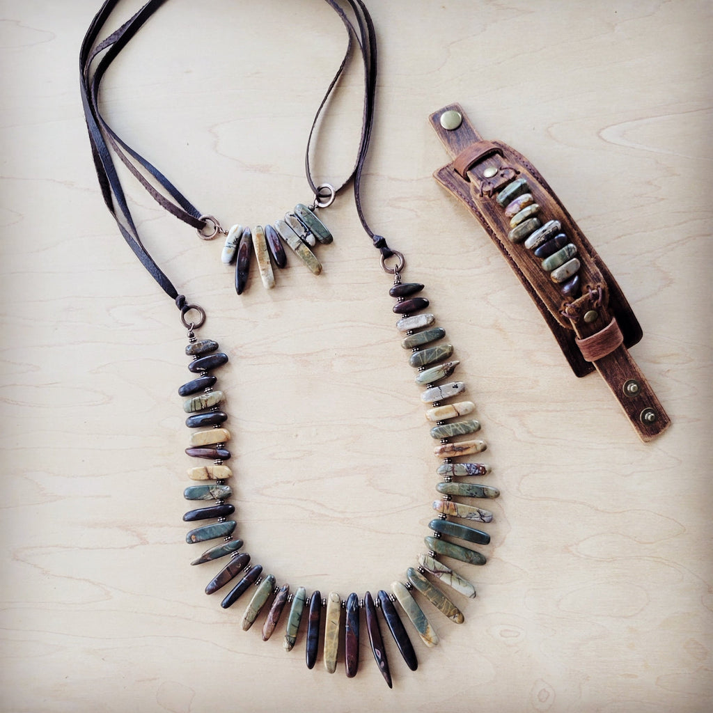 Picasso Jasper Stone Collar Necklace w/ Genuine Leather Cord 261f