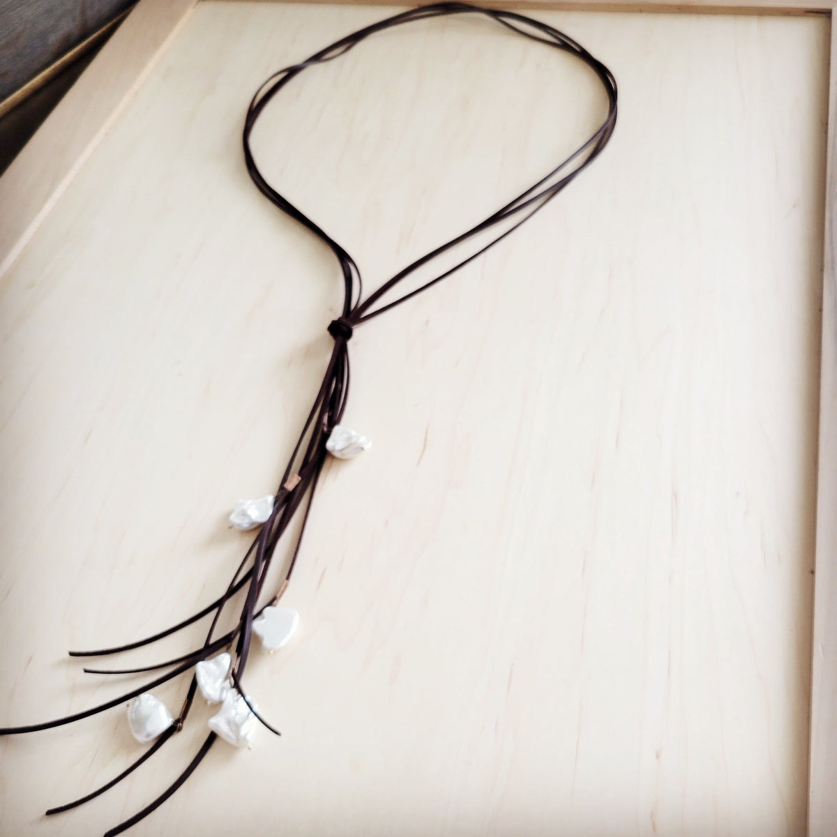 **Dark Brown Boho Knotted Leather Cord Necklace w/ Pearls 263w