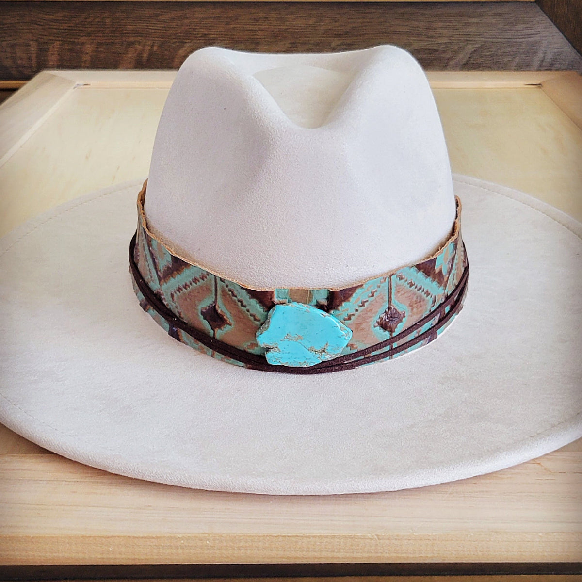 **Wide Genuine Leather Turquoise Navajo Hat Band Only w/ Turq 953i