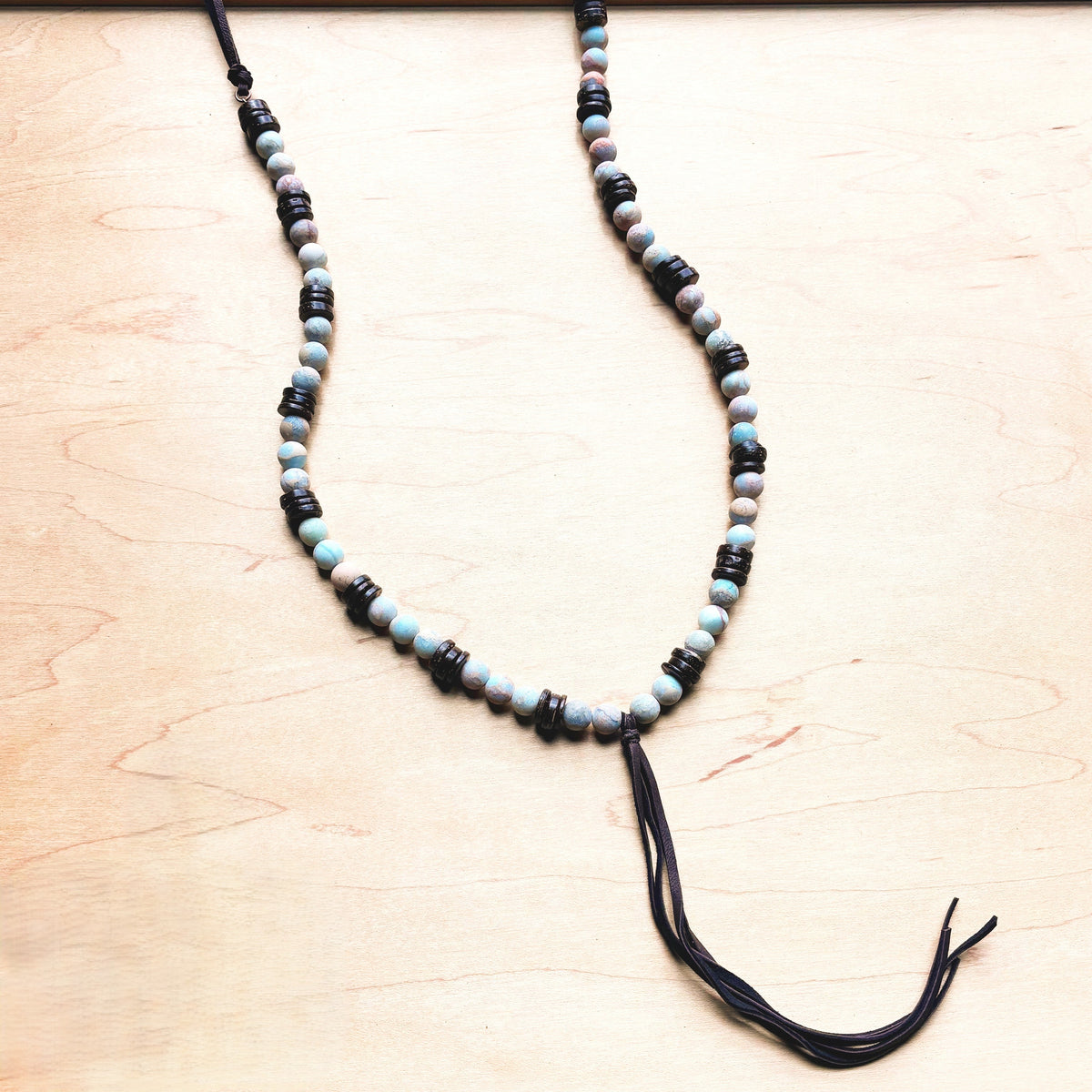 **Frosted Aqua Terra Necklace w/ Wood Beads & Leather Tassel 258a