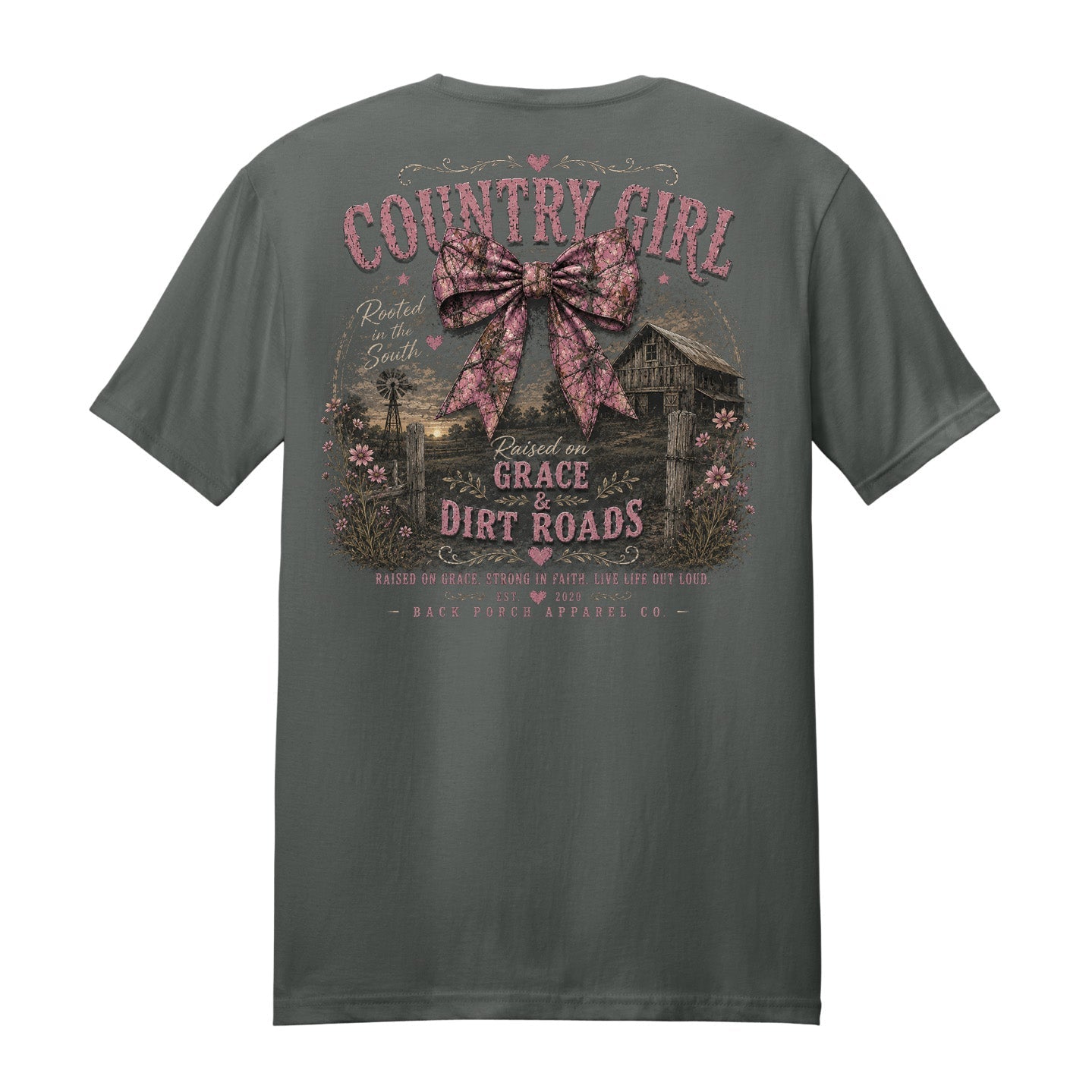 Country Girl Raised on Grace & Dirt Roads T-Shirt – Rustic Southern Bow Graphic Tee by Back Porch Apparel