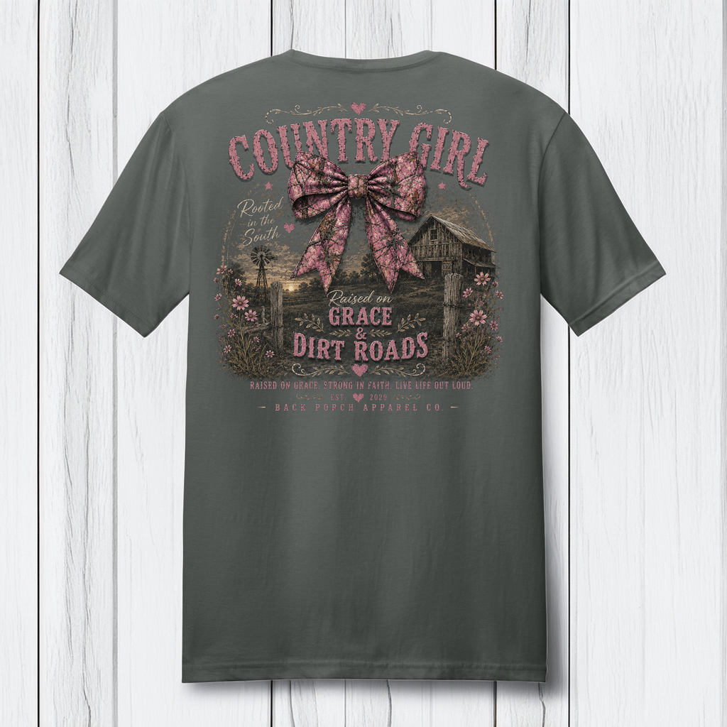 Country Girl Raised on Grace & Dirt Roads T-Shirt – Rustic Southern Bow Graphic Tee by Back Porch Apparel