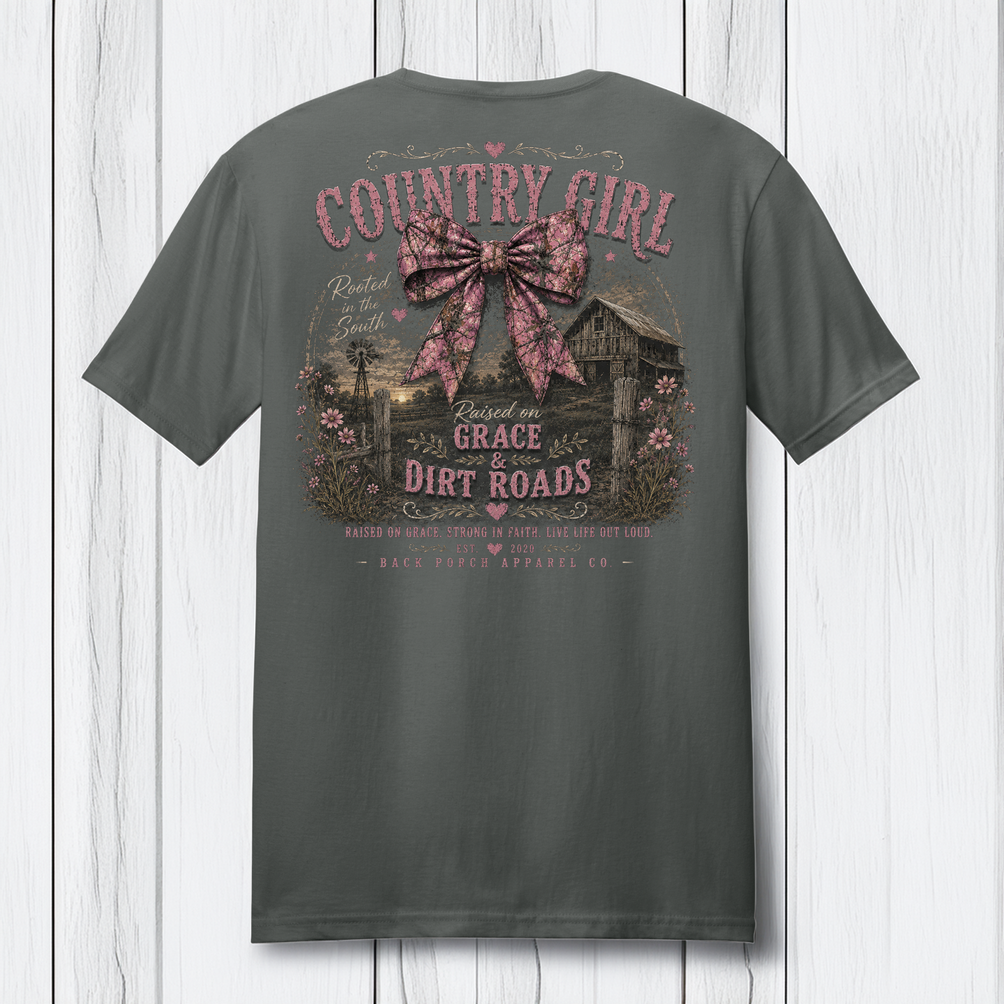 Country Girl Raised on Grace & Dirt Roads T-Shirt – Rustic Southern Bow Graphic Tee by Back Porch Apparel