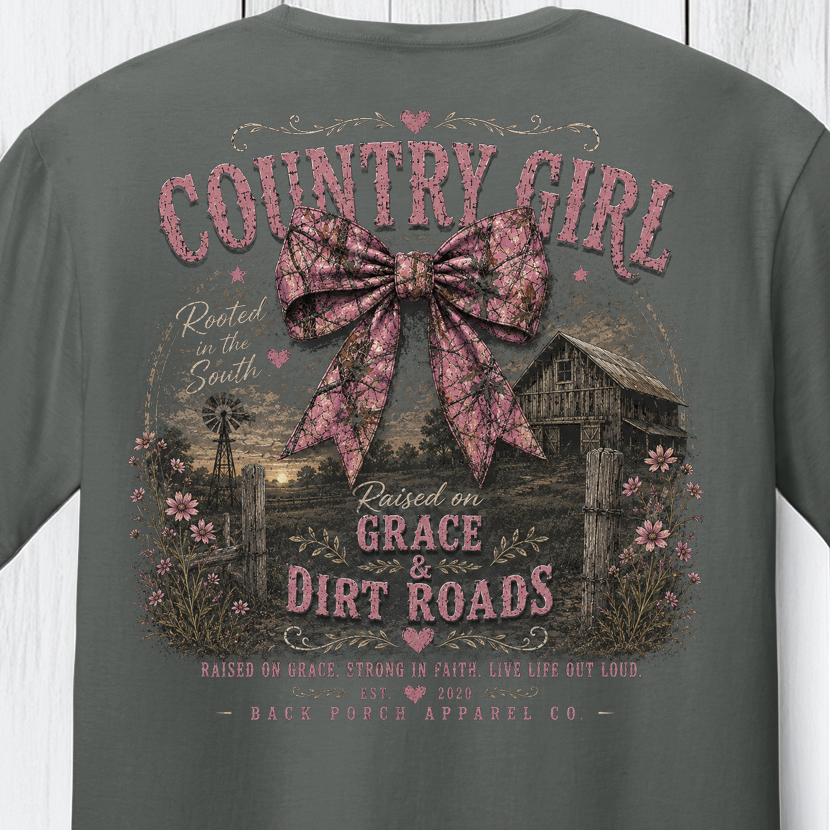 Country Girl Raised on Grace & Dirt Roads T-Shirt – Rustic Southern Bow Graphic Tee by Back Porch Apparel