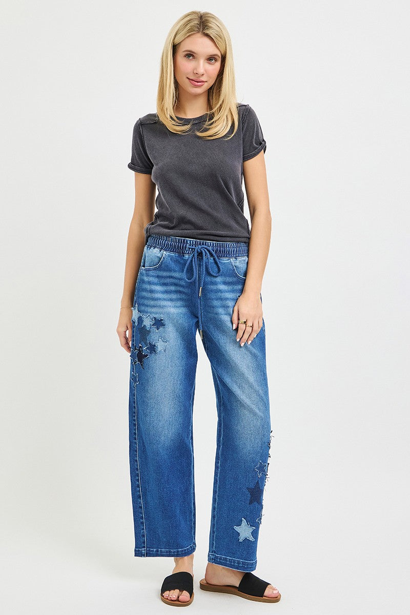 RISEN Elastic Band Slouchy Cropped Barrel with Star Patch