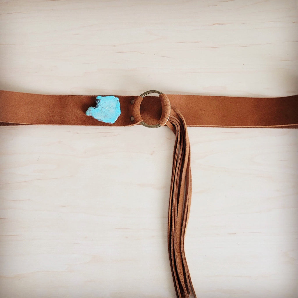 Suede Leather Belt with Leather Fringe Closure and Turq Slab 908s