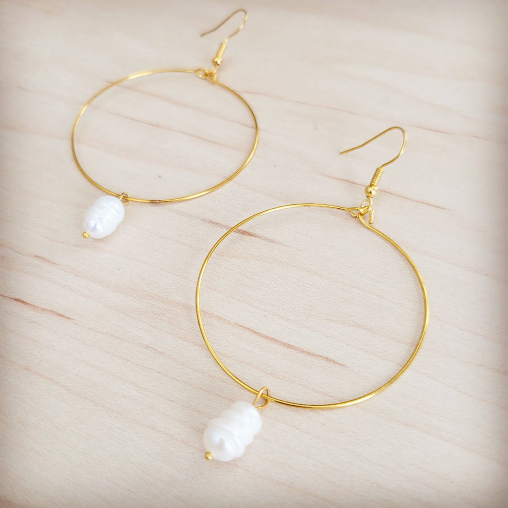 **Beaded Hoop Earrings- Freshwater Pearl Dangle 200bf