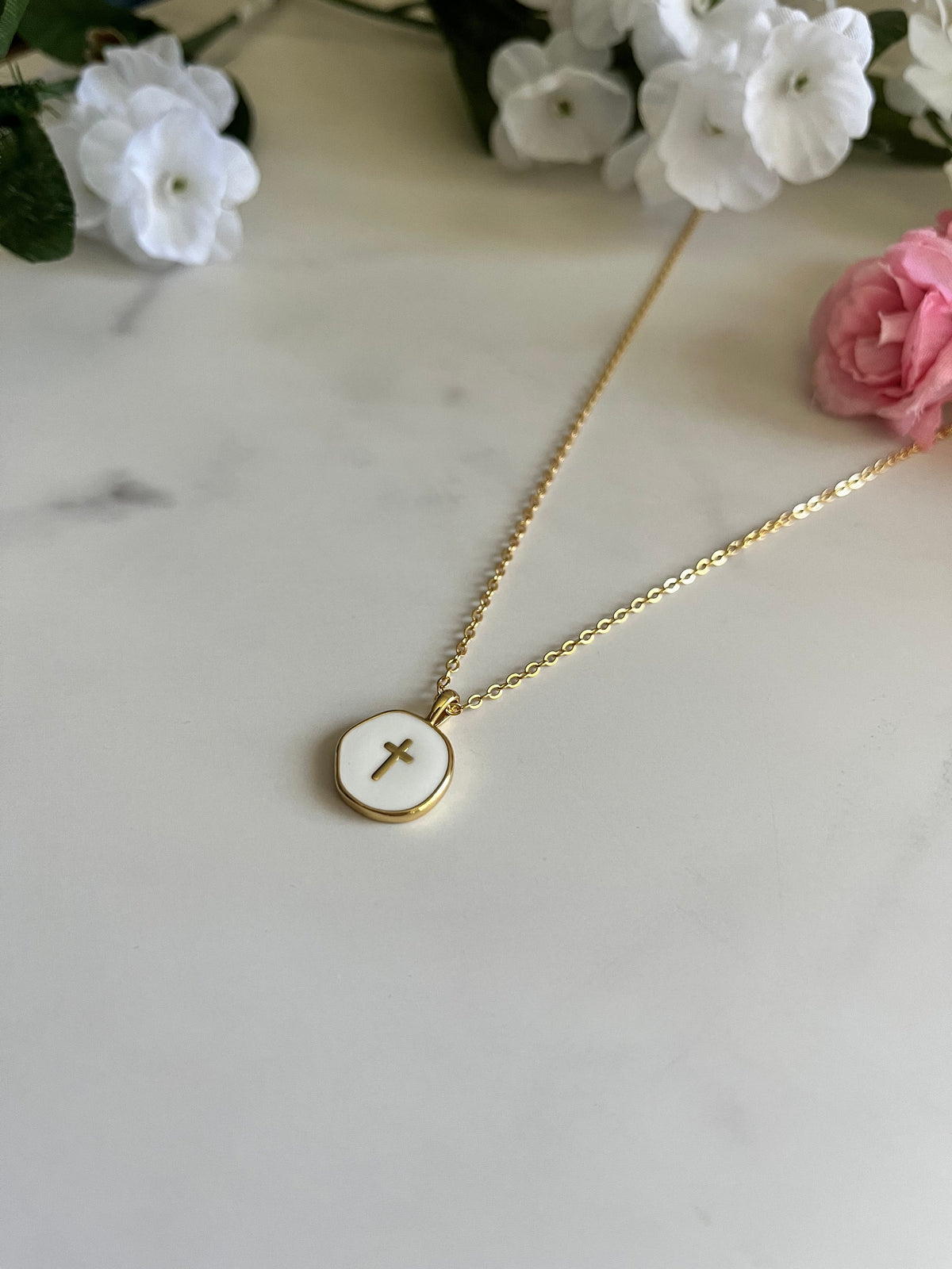 Gold Necklace 18K White Cross Pendant