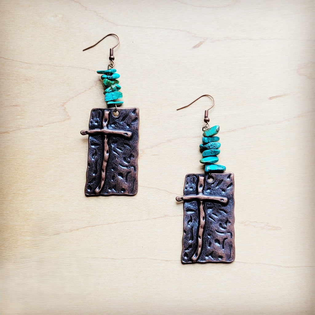 Copper Cross Earrings w/ Natural Turquoise Chunks 220n