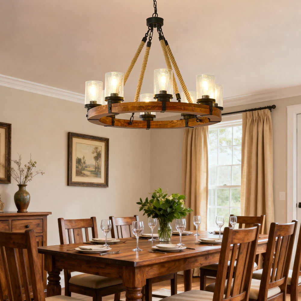 8-Light Rustic Wagon Wheel Chandelier | 31" Wood Frame & Seeded Glass, Farmhouse Industrial Pendant