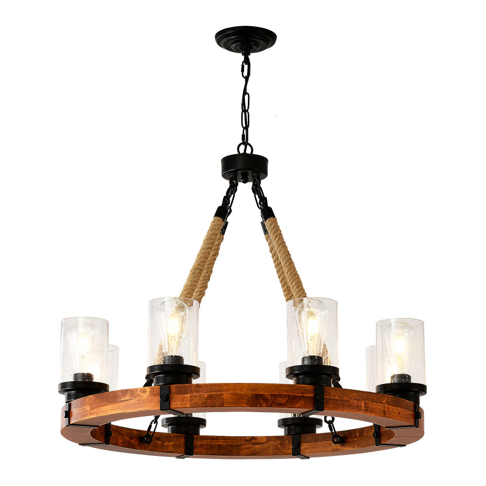 8-Light Rustic Wagon Wheel Chandelier | 31" Wood Frame & Seeded Glass, Farmhouse Industrial Pendant