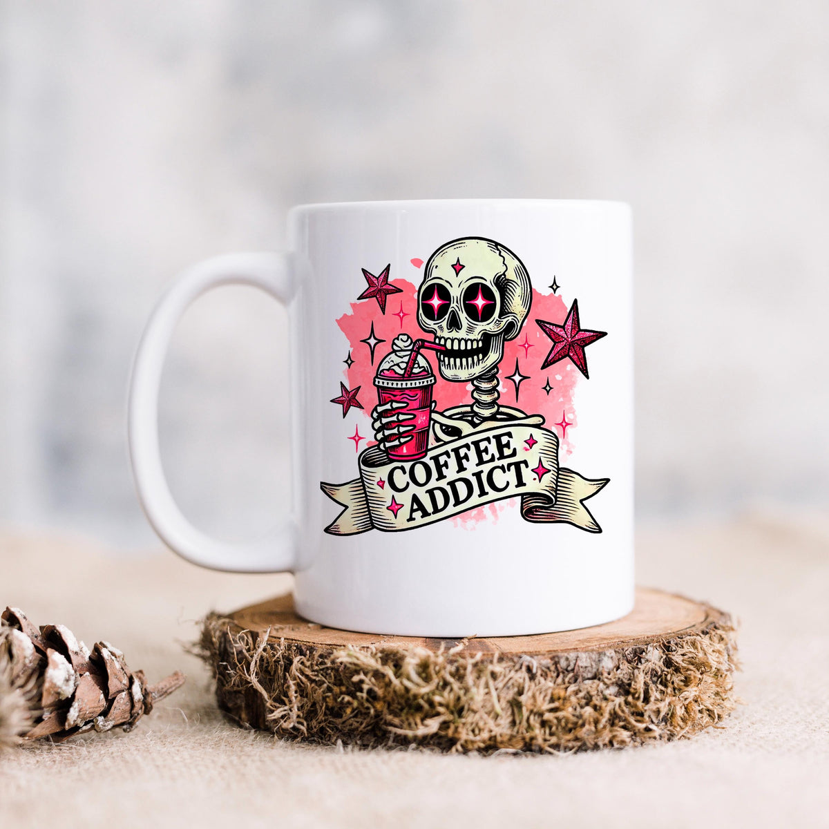 Coffee Addict Mug – Pink Skull Coffee Cup | Funny Caffeine Lover Gift, Ceramic, Dishwasher Safe