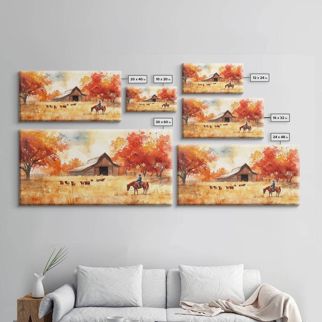 Cowboy on horse in autumn farm scene, framed canvas print, rustic fall decor, farmhouse home decor, cozy autumn landscape art, fall wall art