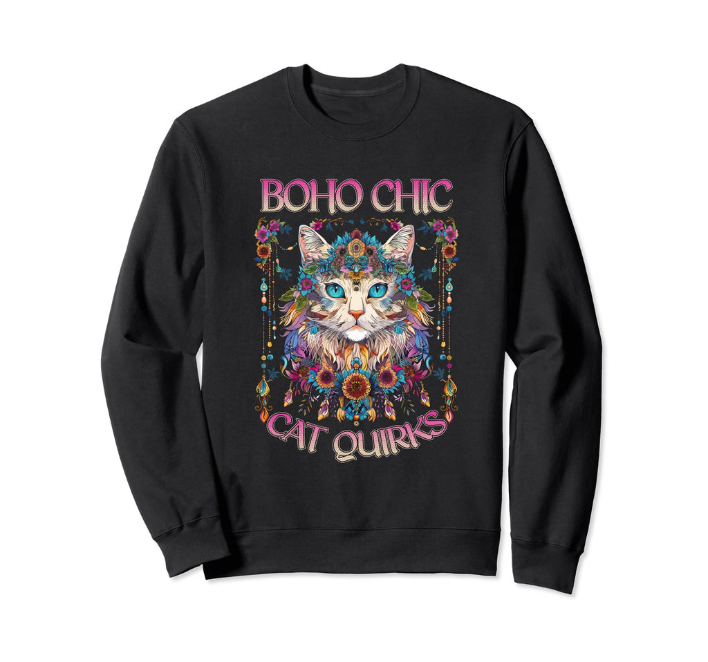 Boho Chic Cat Quirks Bohemian Cat Sweatshirt - Casual Everyday Wear Unisex