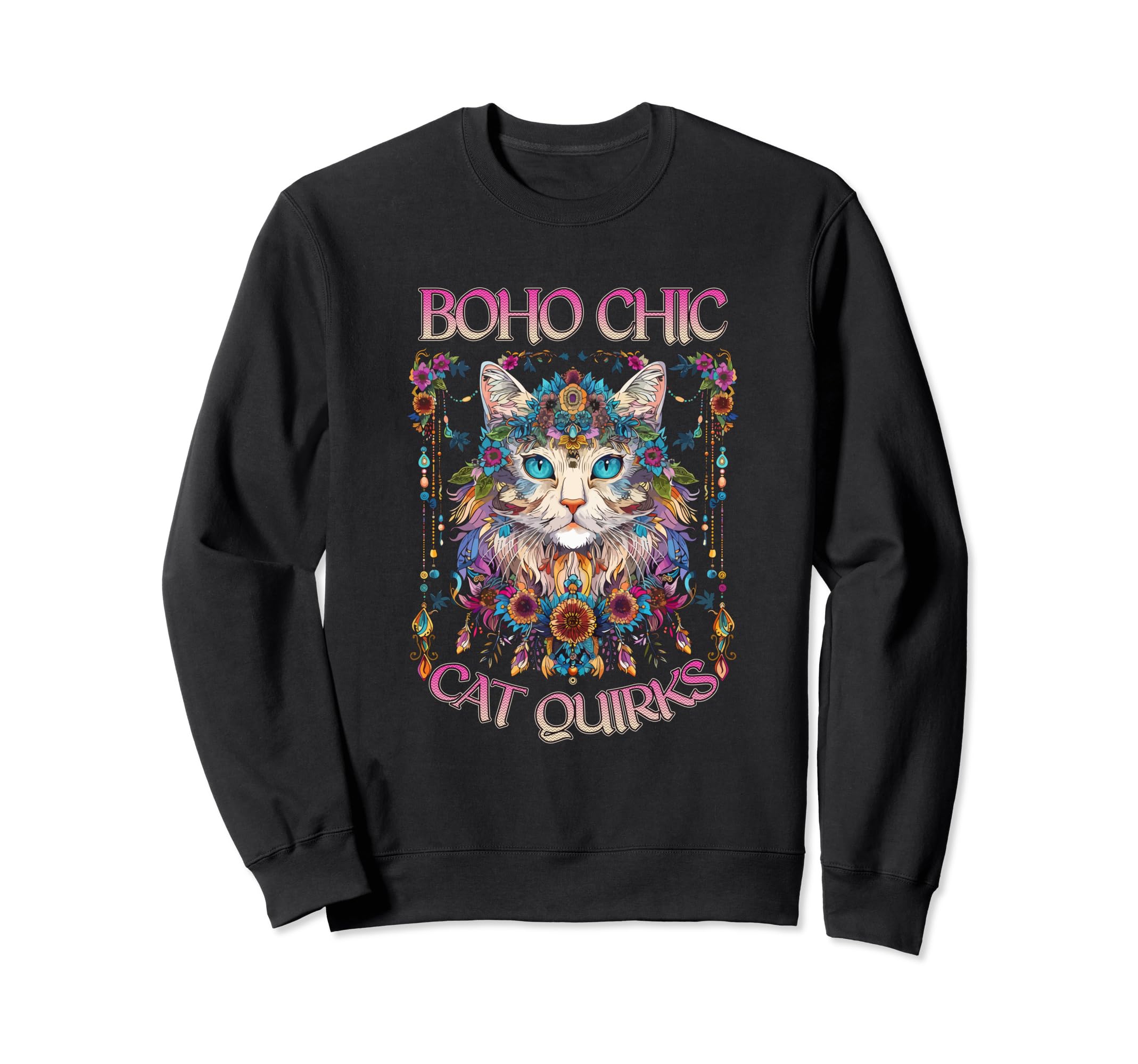 Boho Chic Cat Quirks Bohemian Cat Sweatshirt - Casual Everyday Wear Unisex