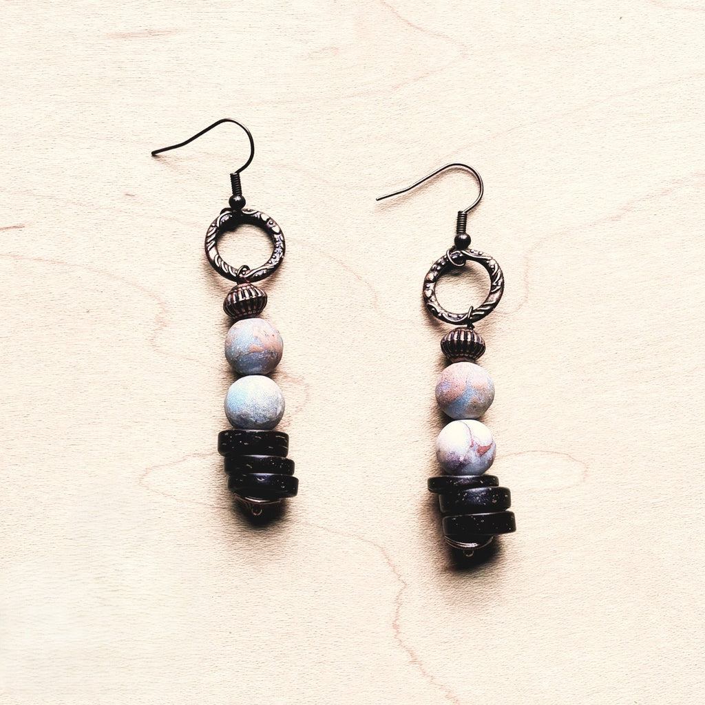 **Frosted Aqua Terra and Wood Earrings (220f)