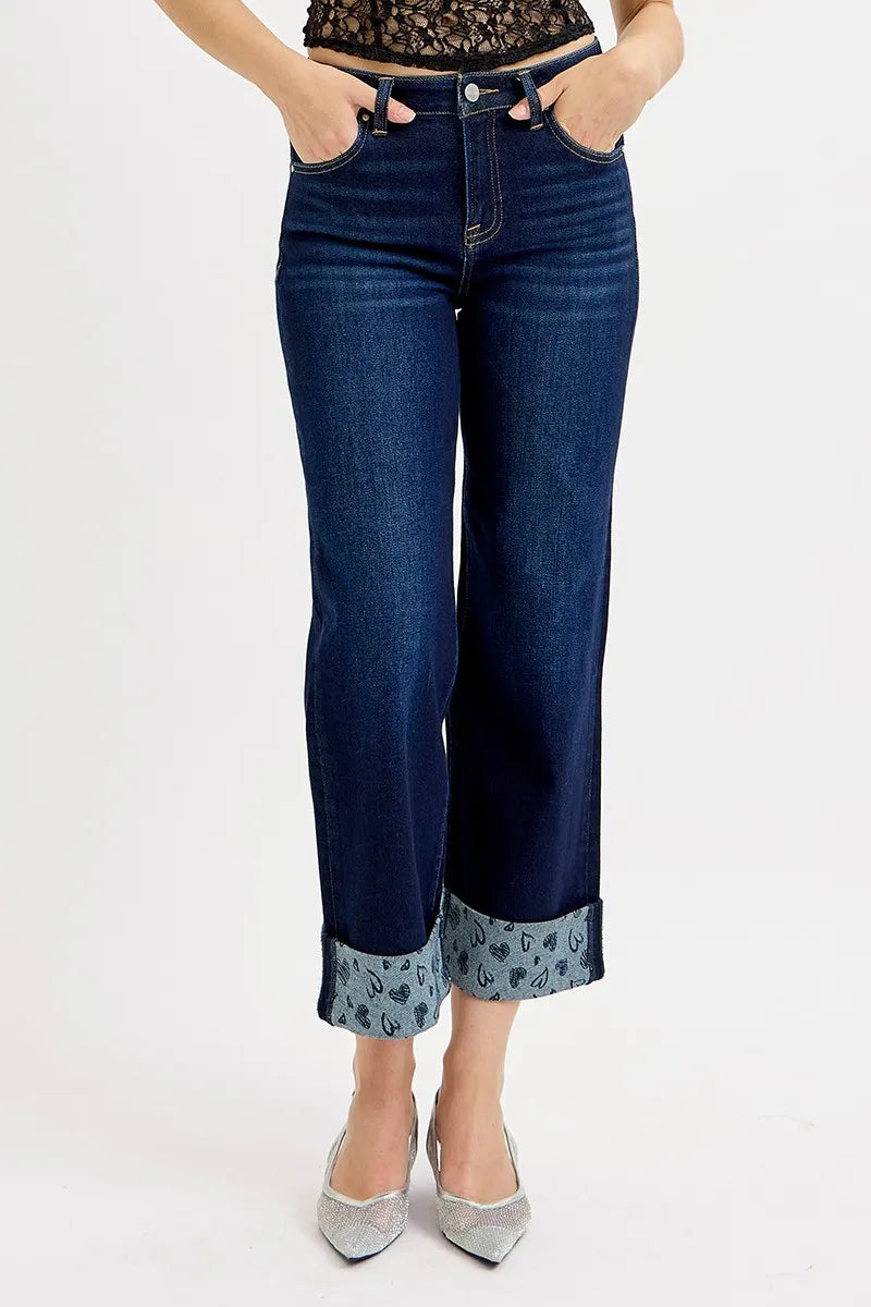 RISEN Mid Rise Fit Crop Wide With Printed Cuff Jeans