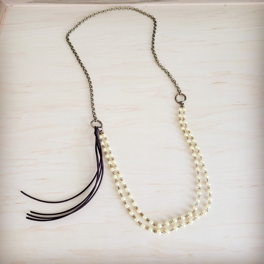 **Double Strand Champagne Pearl Beaded Necklace, Leather Tassel  264s