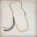 **Double Strand Champagne Pearl Beaded Necklace, Leather Tassel  264s