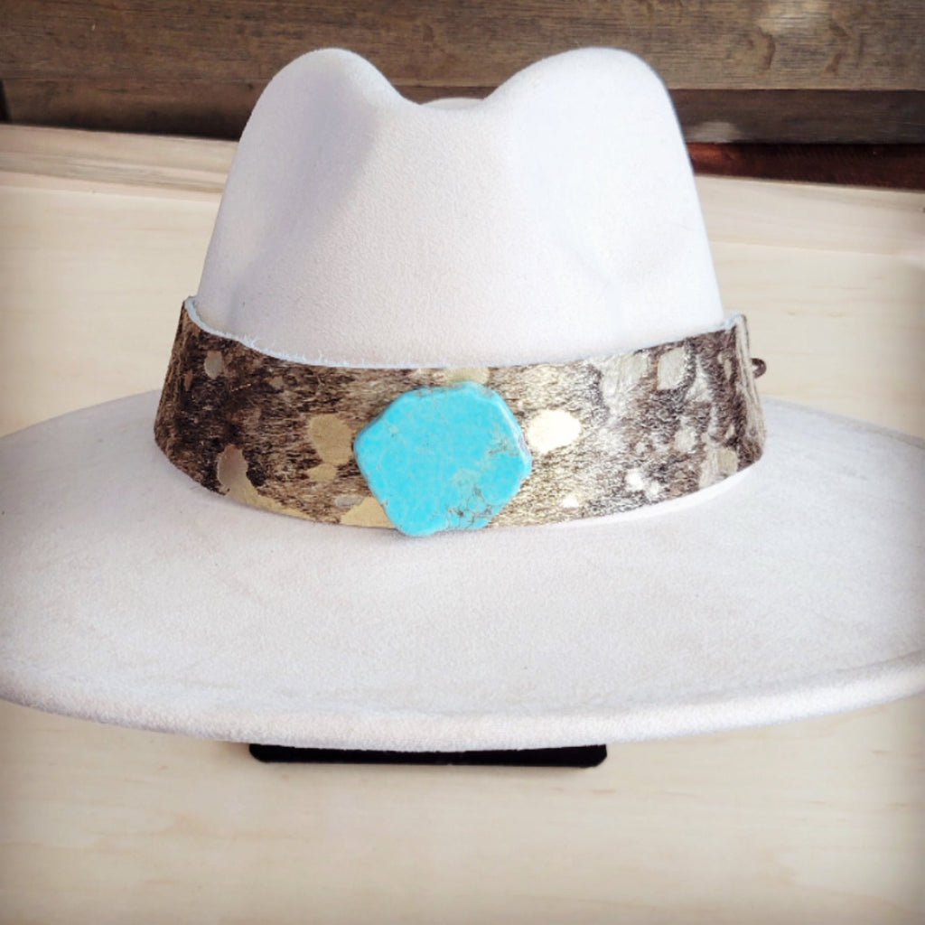 Wide Genuine Leather Mixed Metallic Hat Band Only  w/ Turq 953t