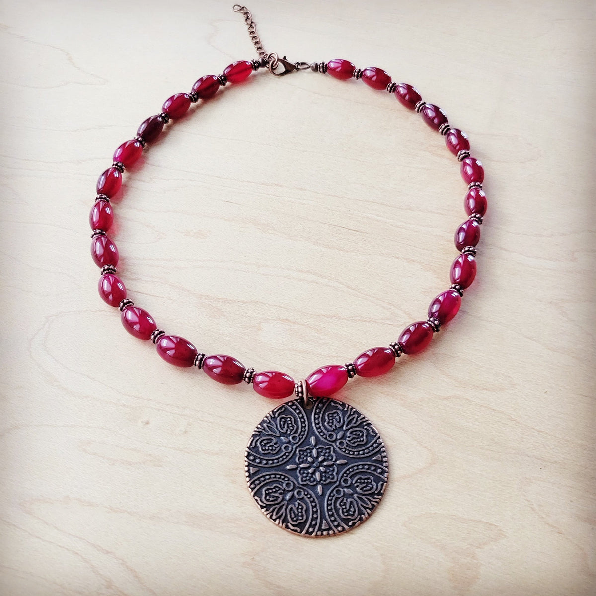 **Natural Pink Jade Beaded Collar Necklace w/ Scroll Pendant 261L