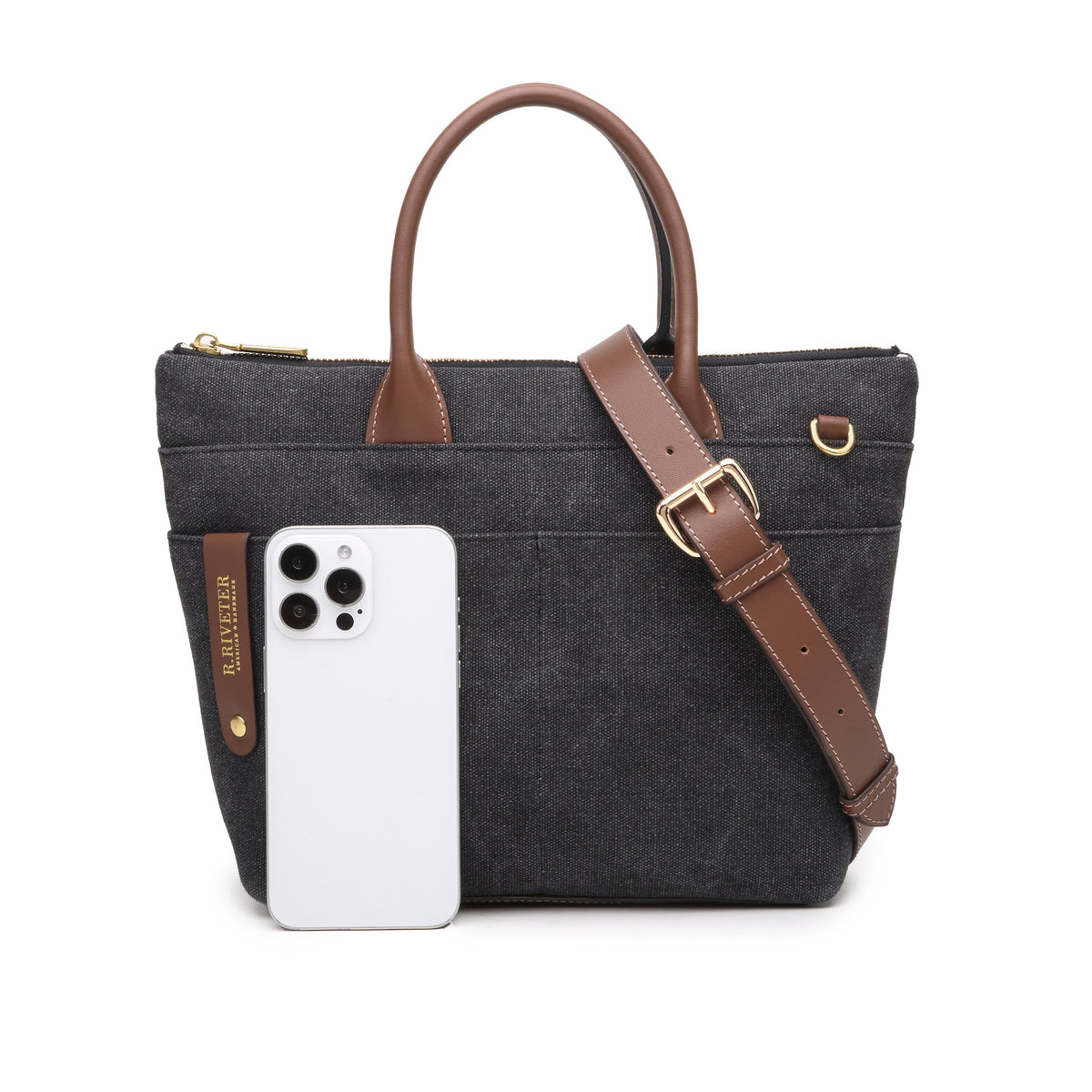 Dot Tote | Black Washed Canvas + Brown