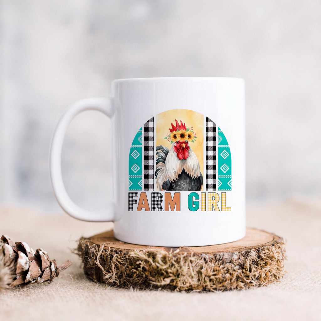 Farm Girl Mug – Rustic Farmhouse Coffee Cup with Sunflower Chicken Art