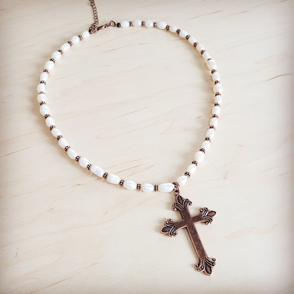 **Genuine Freshwater Pearl Collar Boho Necklace w/ Cross 263s