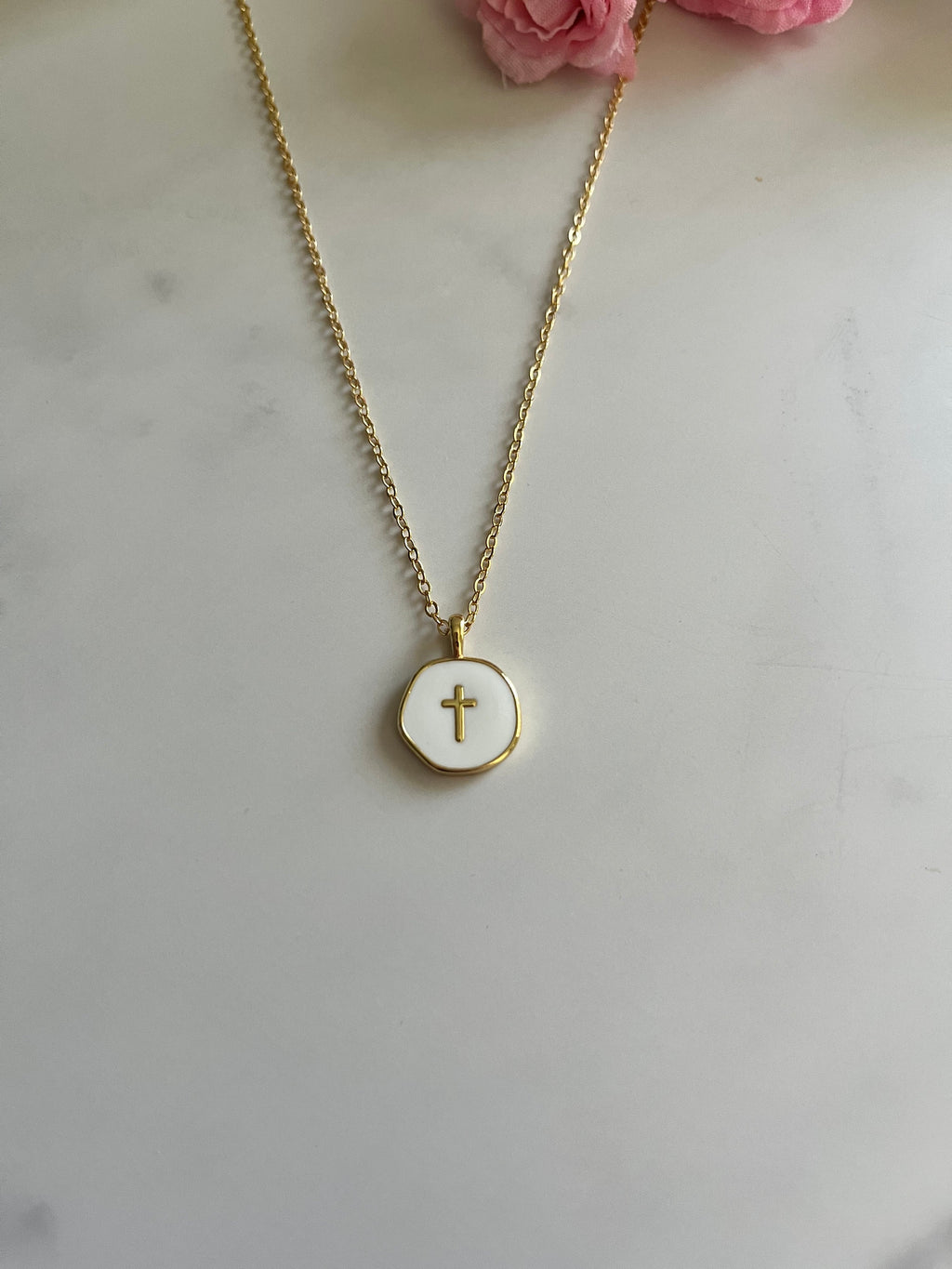 Gold Necklace 18K White Cross Pendant