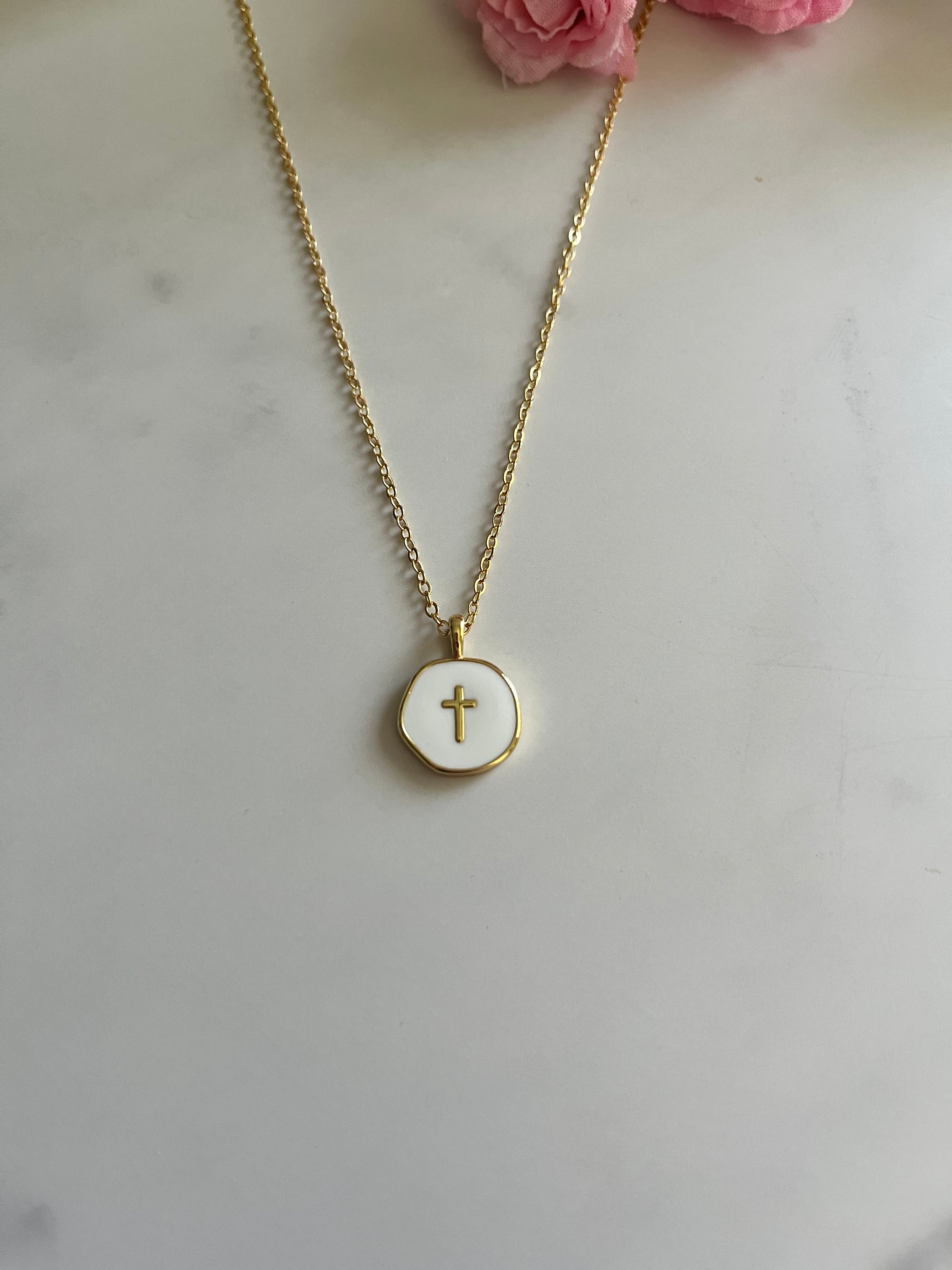 Gold Necklace 18K White Cross Pendant