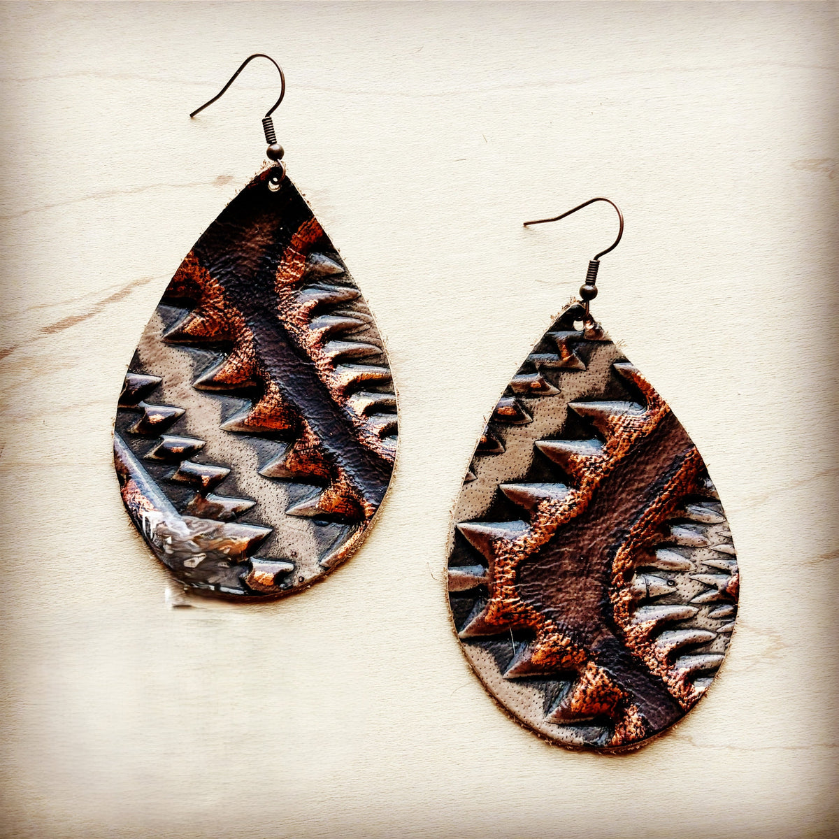 **Leather Teardrop Earring-Aztec Copper 218j