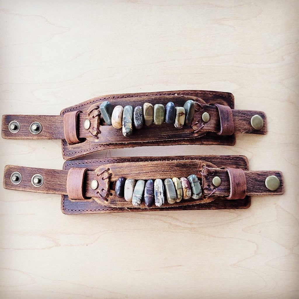 Genuine Leather Cuff with Picasso Jasper Gemstone Chunks 005c