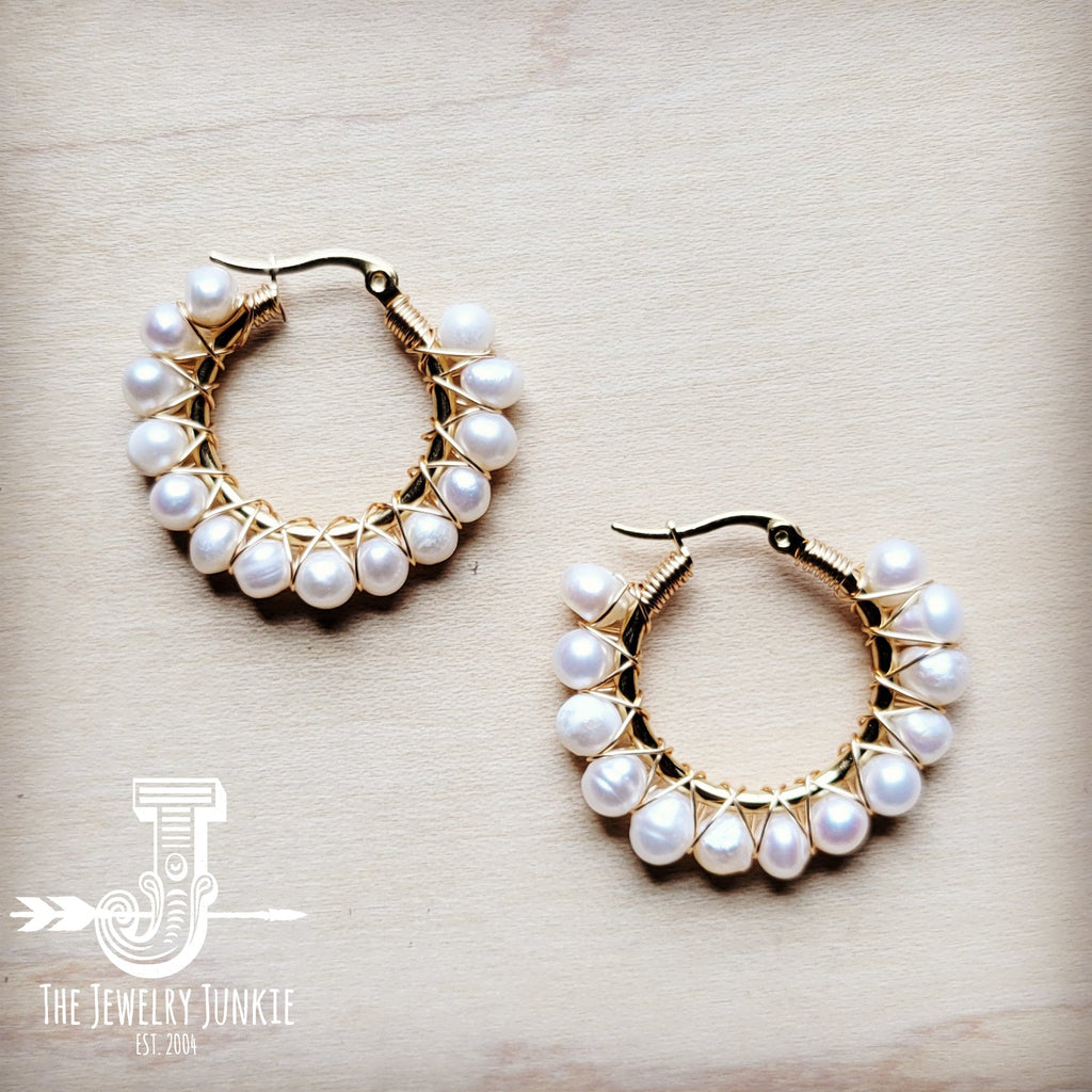 **Wire Wrapped Freshwater Pearl Beaded Hoop Earrings 221b