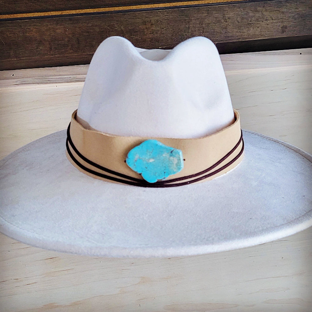 Wide Genuine Leather Bone Suede Hat Band Only w/ Turq 953v
